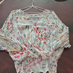 3 For $40 lovestitch Light Blue Floral Wrap Blouse with Pink & Green Accents